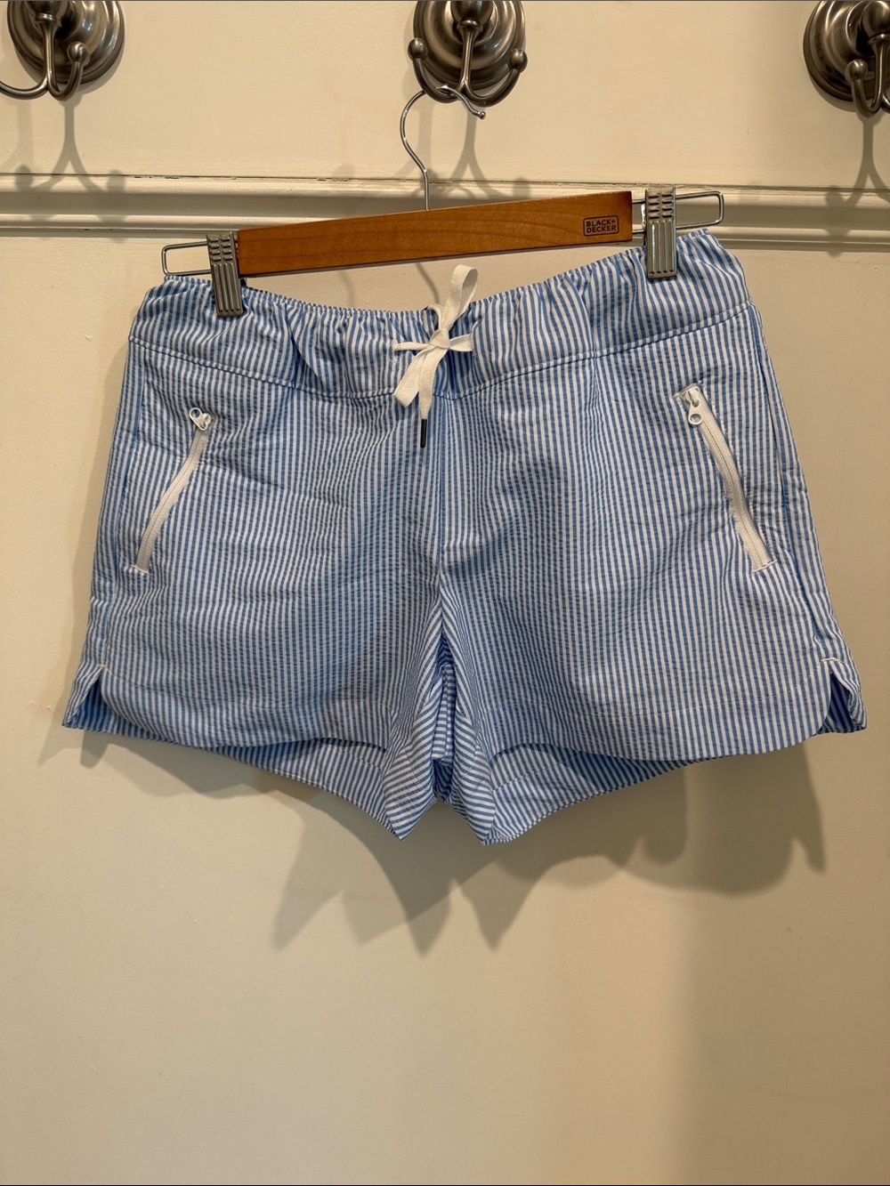 Women’s Light Blue Seersucker Stripe Casual Shorts